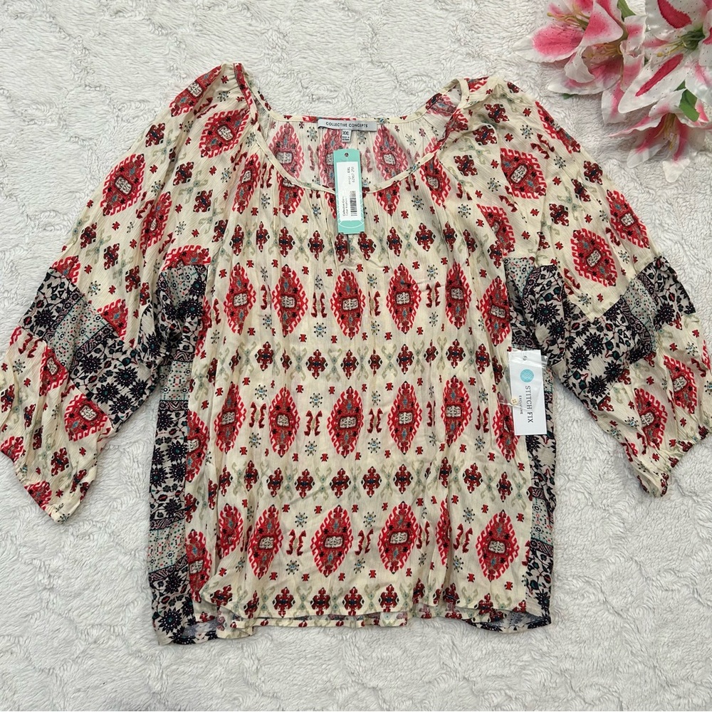 NWT Collective Concepts - Tobar Keyhole Front Top Boho Tribal Print XXL